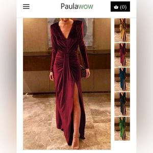 Deep V burgundy velvet maxi dress with side slit